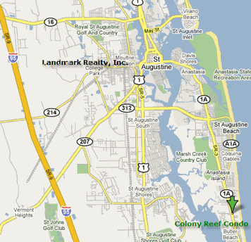 Colony Reef condos are in the center of Anastasia Island with St. Augustine Beach to the north and Crescent Beach to the south. 